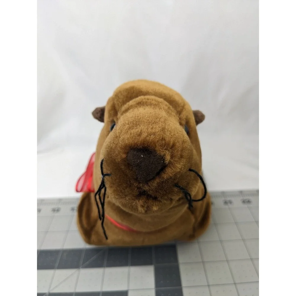 K&M Intl Brown Seal Plush Red Ribbon 13.5 Inch Long‎ 2005 Stuffed Animal Toy